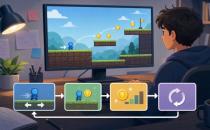 Godot 초보자가 코인 수집 게임의 이동, 충돌, 점수 루프를 완성하는 과정을 표현한 이미지